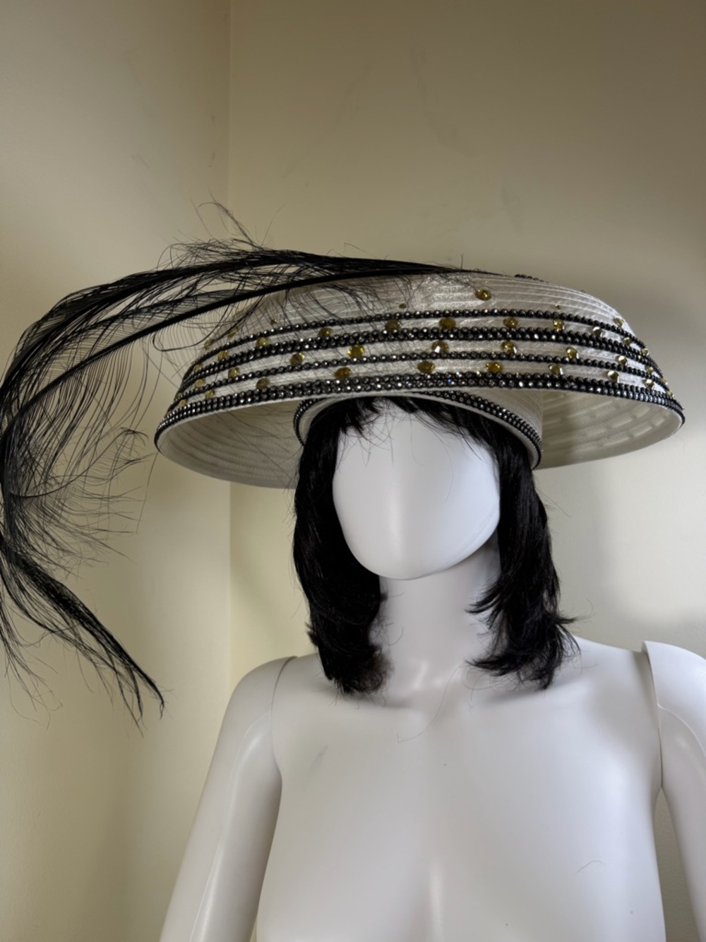 White Wide-Brim Decorative Ladies Hat with Black Feather Trim